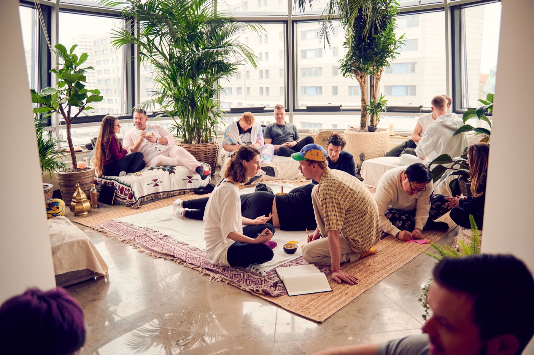 Guests gathering in a relaxed setting at a Pyjama Party