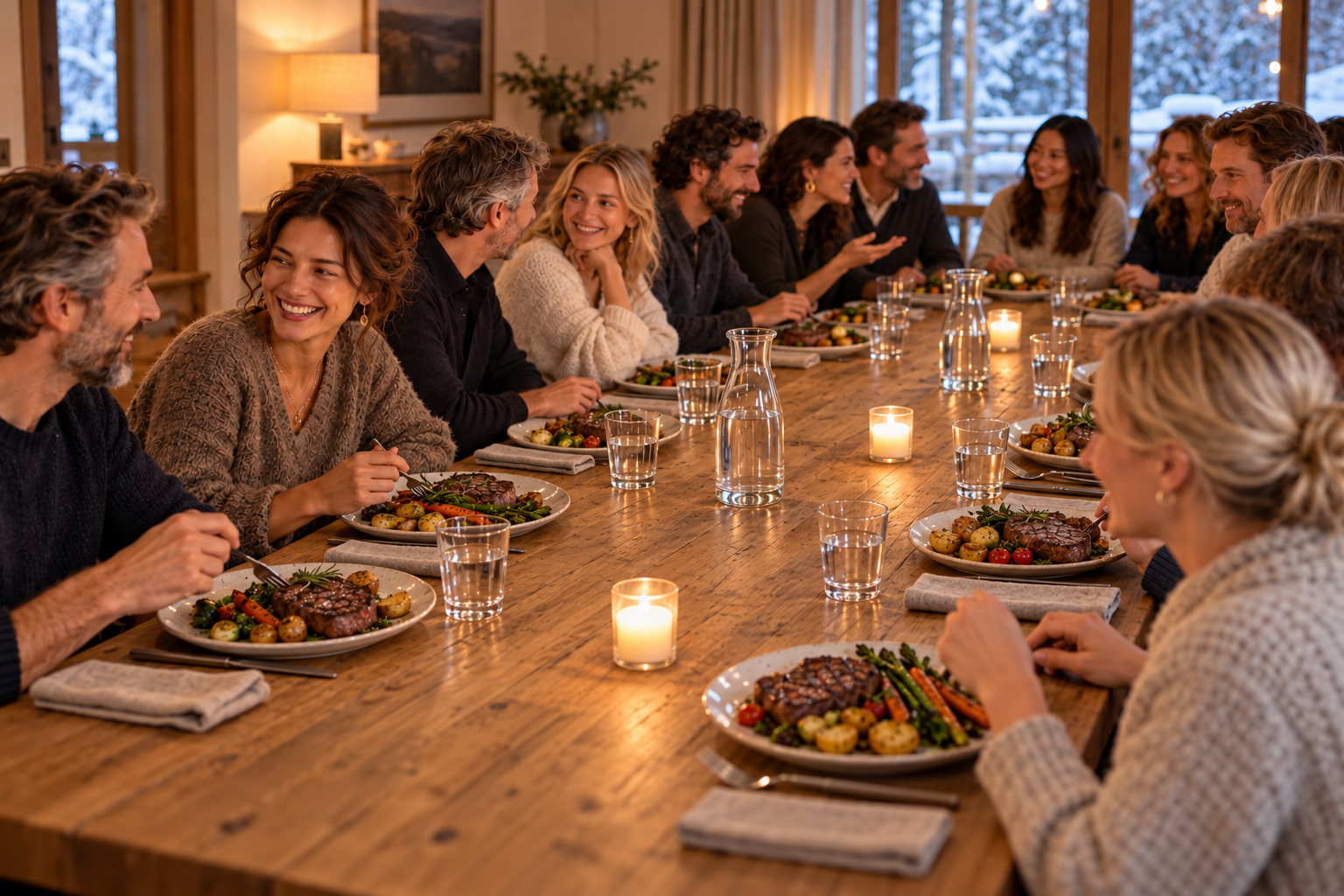 Illustration of guests sharing a relaxed dinner at a simply set wooden table.